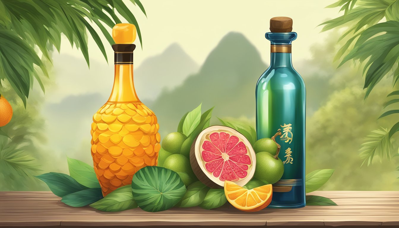 A traditional Asian bottle of snake wine displayed on a rustic wooden table surrounded by lush greenery and exotic fruits