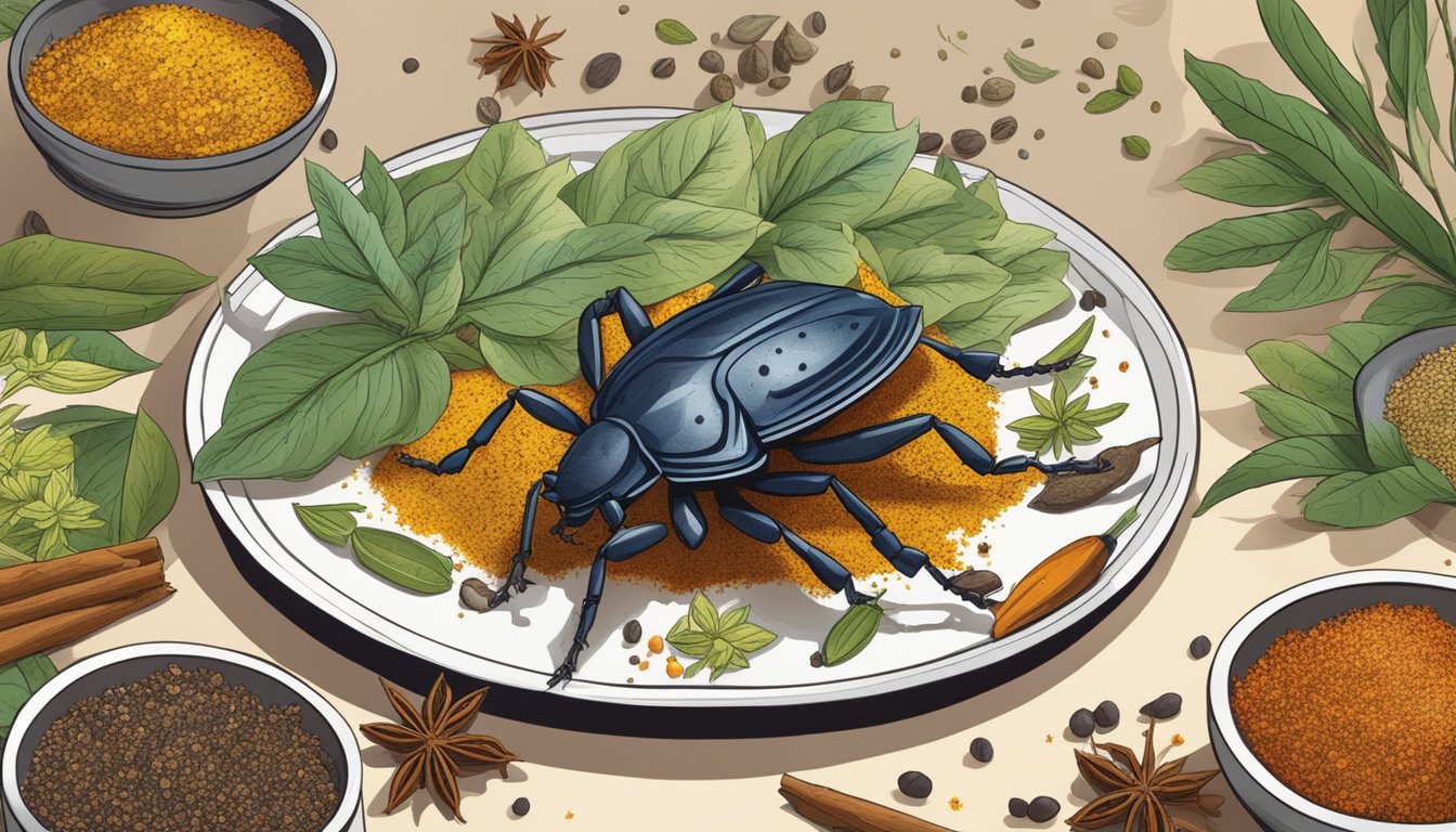 Stink bugs crawling on a plate, surrounded by colorful African spices and herbs, with a chef's hand reaching for one