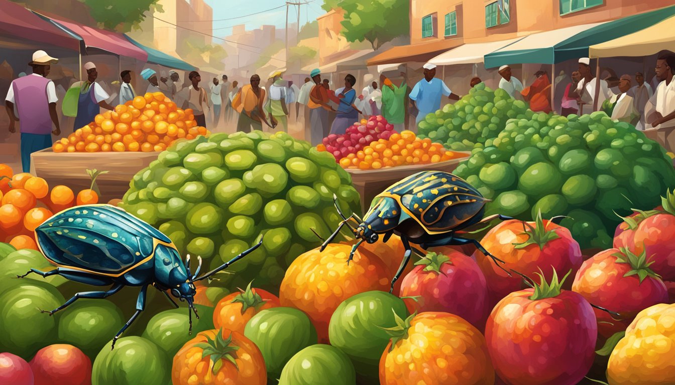 Stink bugs crawling on fresh produce at an African market, with vibrant colors and bustling activity in the background