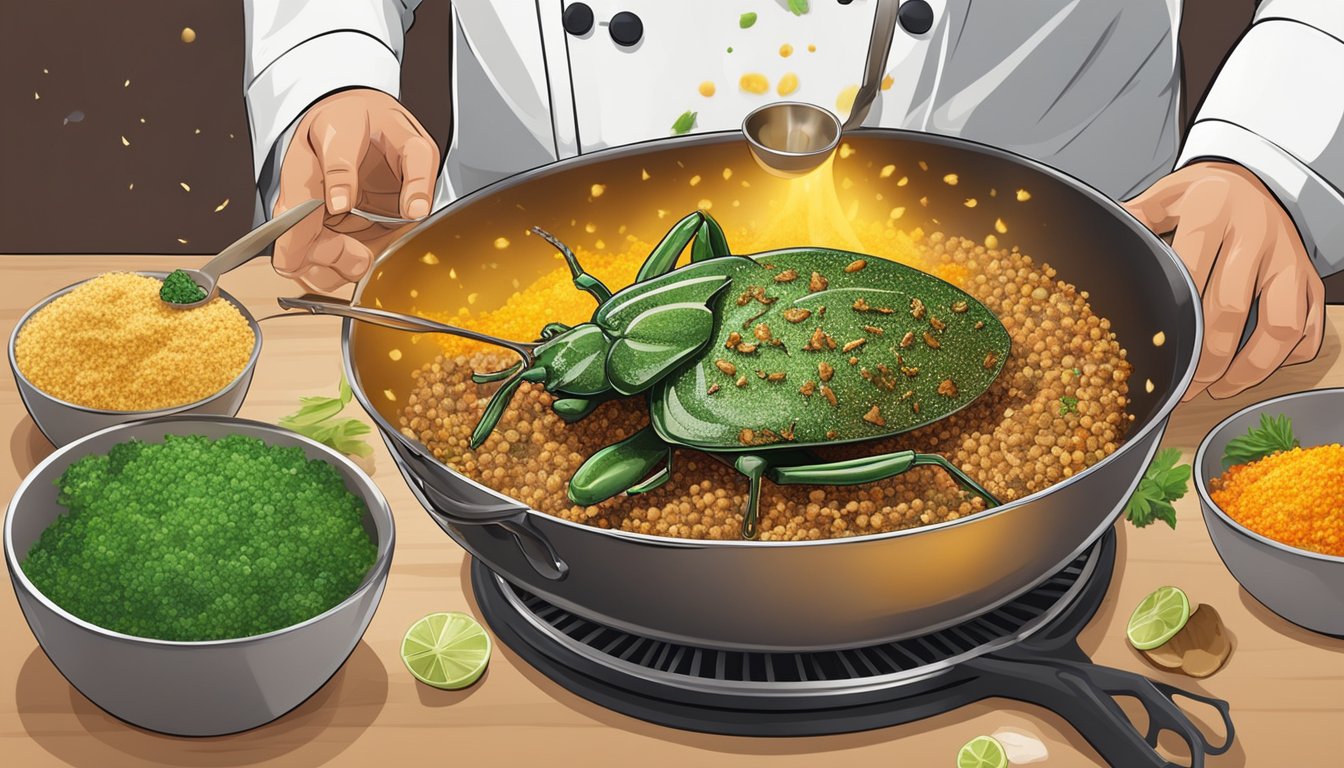 A chef sprinkles crushed stink bugs into a sizzling pan of exotic ingredients, creating a unique and flavorful dish