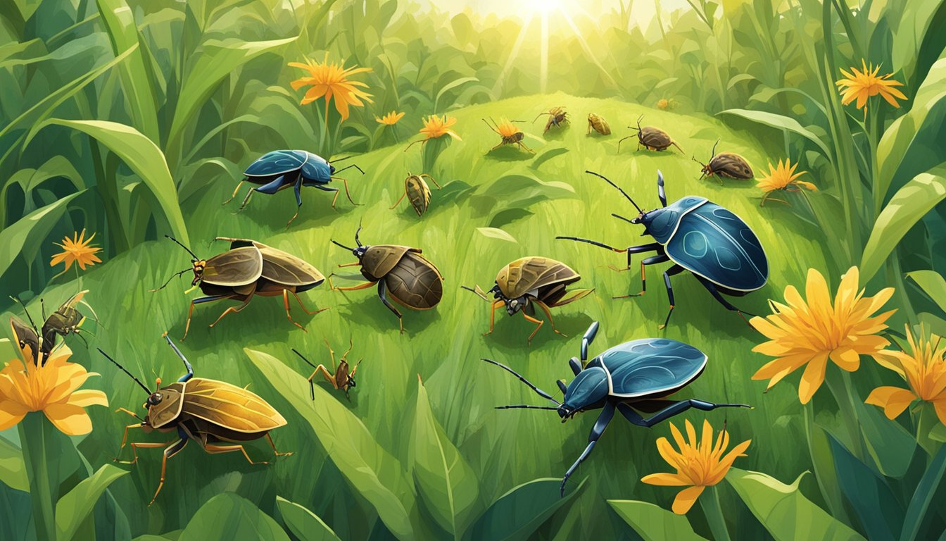 Stink bugs and other insects crawling through a lush green field, with the sun shining down and a diverse array of plants surrounding them