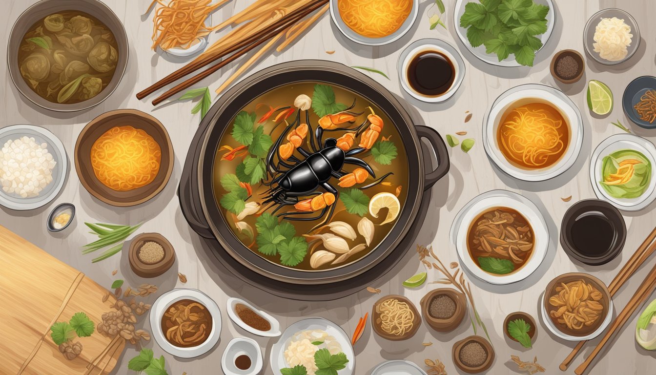 A steaming bowl of scorpion soup surrounded by traditional Chinese ingredients and utensils on a wooden table