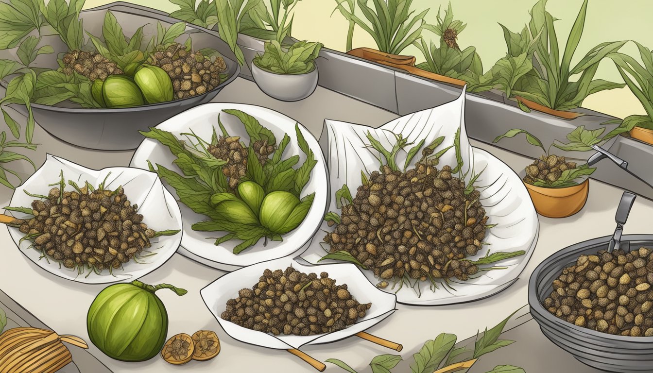 Stink bugs being carefully harvested and prepared for a gourmet dish, with an African influence evident in the culinary techniques and ingredients