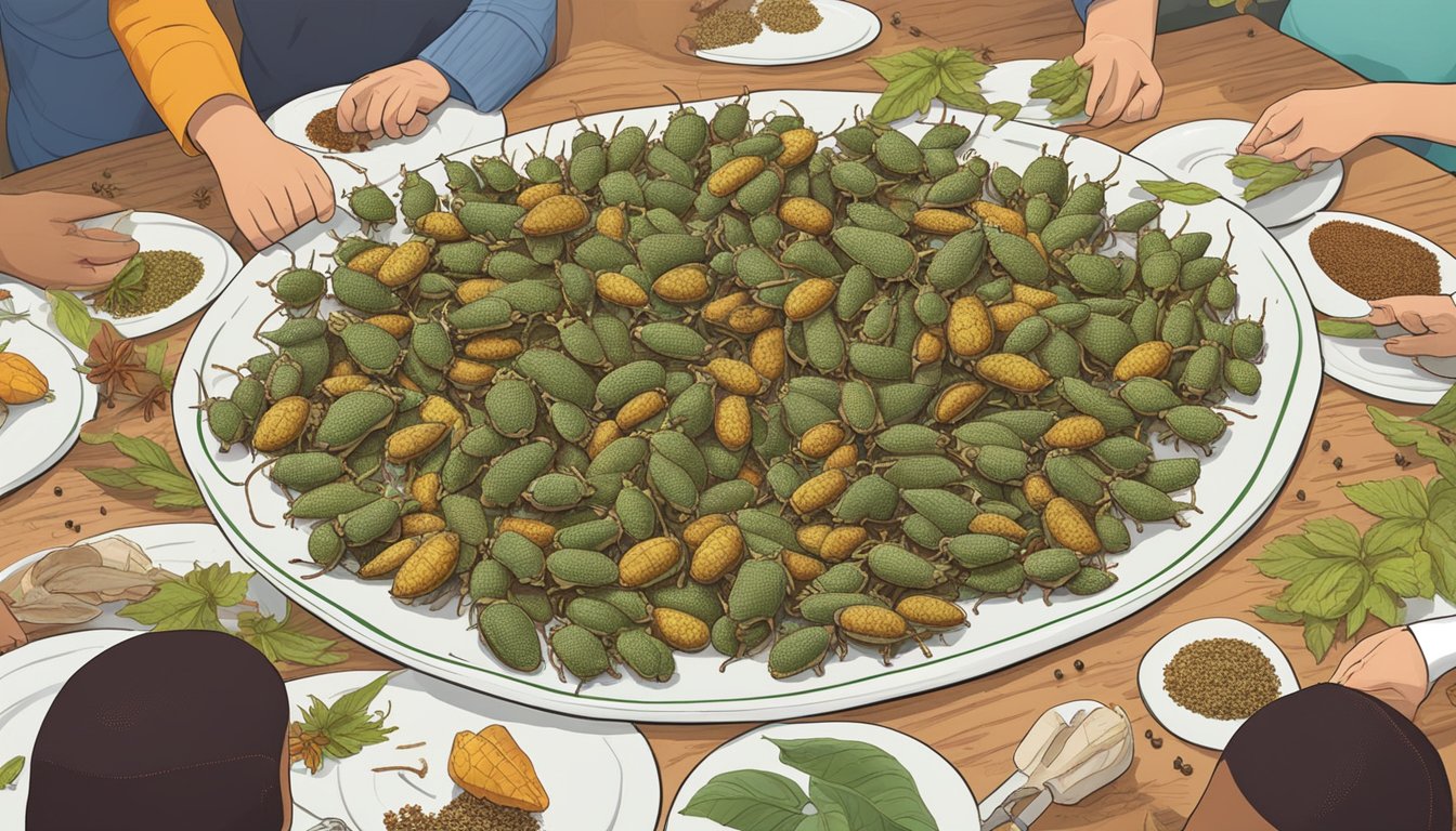 Stink bugs crawling on a plate with African spices, surrounded by curious onlookers