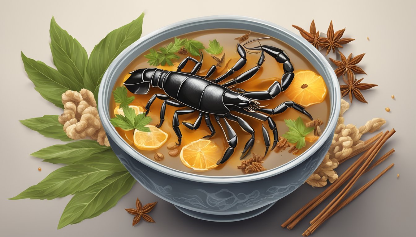 A steaming bowl of scorpion soup surrounded by traditional Chinese herbs and spices, with a scorpion floating in the broth