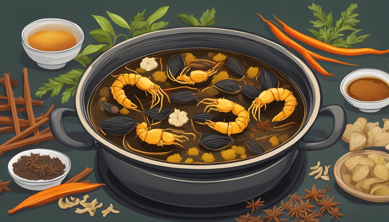 A simmering pot of scorpion soup surrounded by traditional Chinese herbs and spices