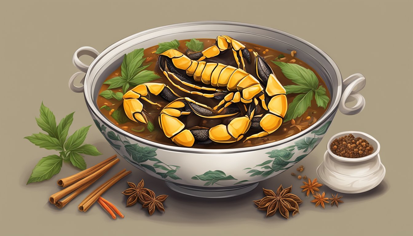 A steaming bowl of scorpion soup surrounded by traditional Chinese spices and herbs, with a bold and exotic flavor profile