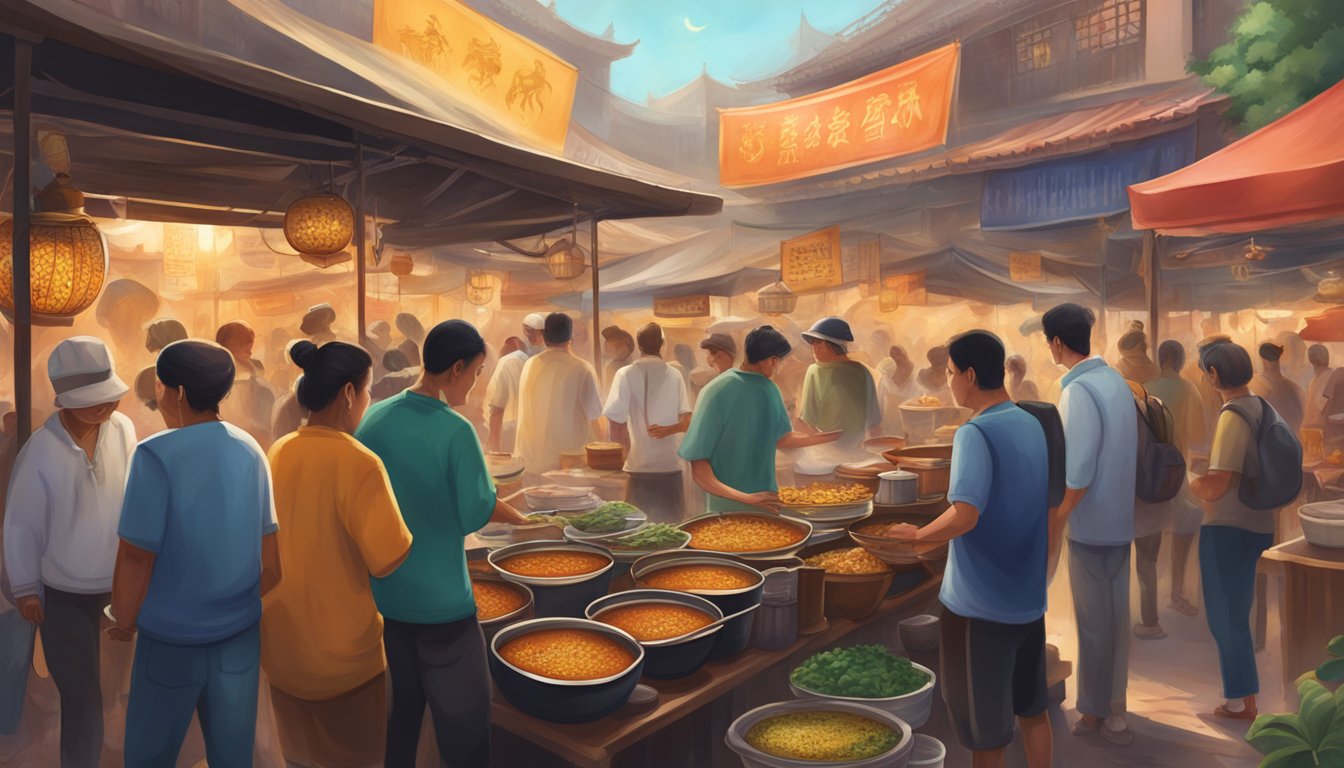 A steaming bowl of scorpion soup, surrounded by vibrant market stalls and curious onlookers