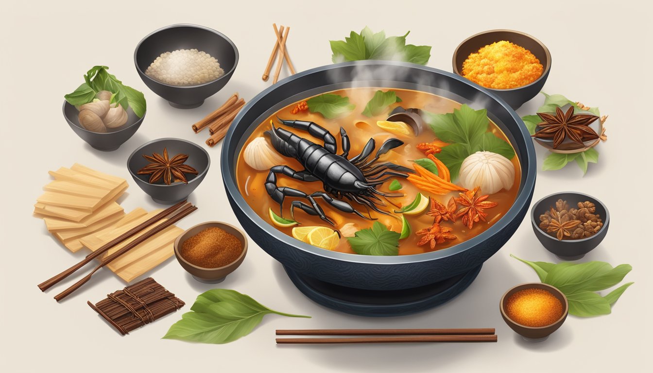 A steaming bowl of scorpion soup surrounded by traditional Chinese ingredients and utensils, with a hint of exotic spices in the air