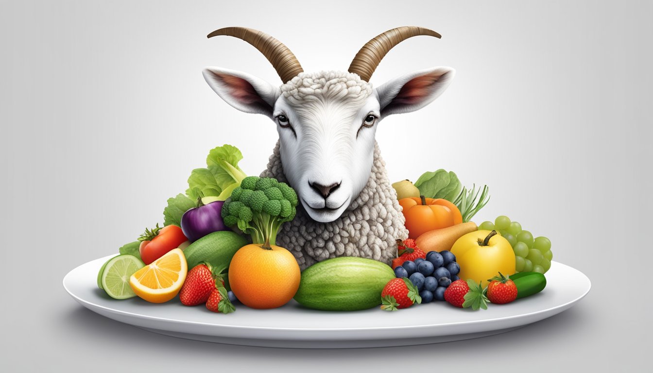 A lamb's head with a fork stuck in it, surrounded by various fruits and vegetables, on a clean white plate