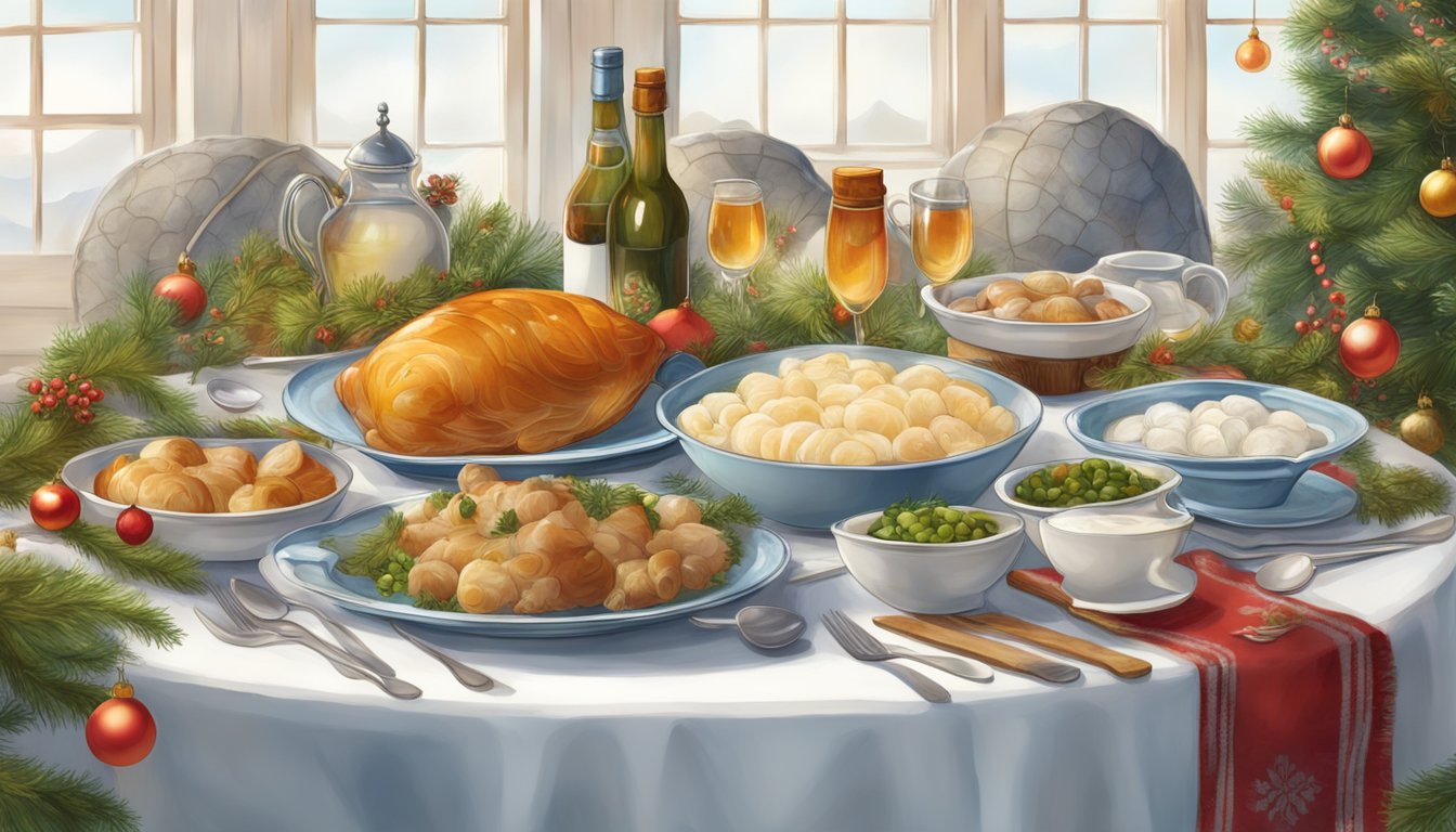 A table set with a traditional Norwegian feast, featuring a gelatinous and translucent lutefisk dish made with lye, surrounded by festive decorations