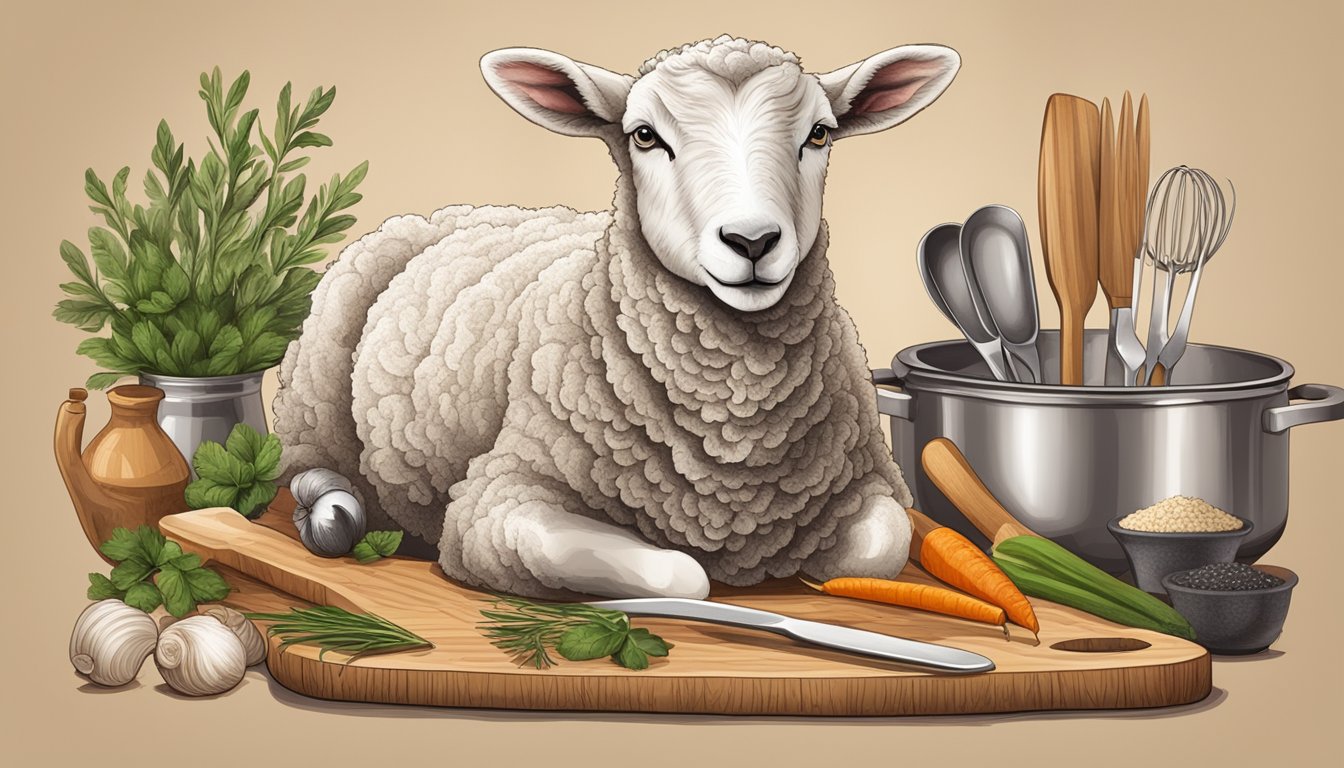 A lamb's head surrounded by cooking utensils and ingredients on a wooden cutting board