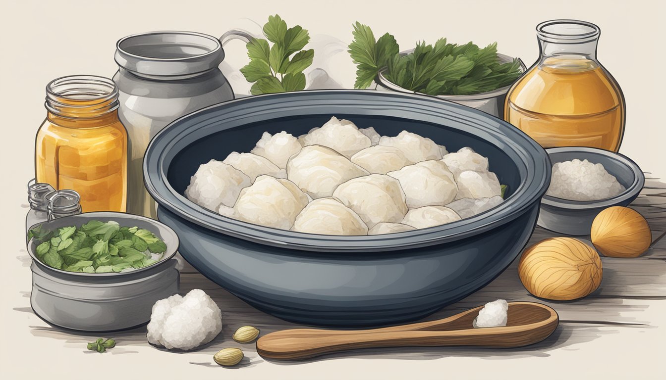 A bowl of lutefisk soaking in lye solution, surrounded by traditional Norwegian cooking utensils and ingredients