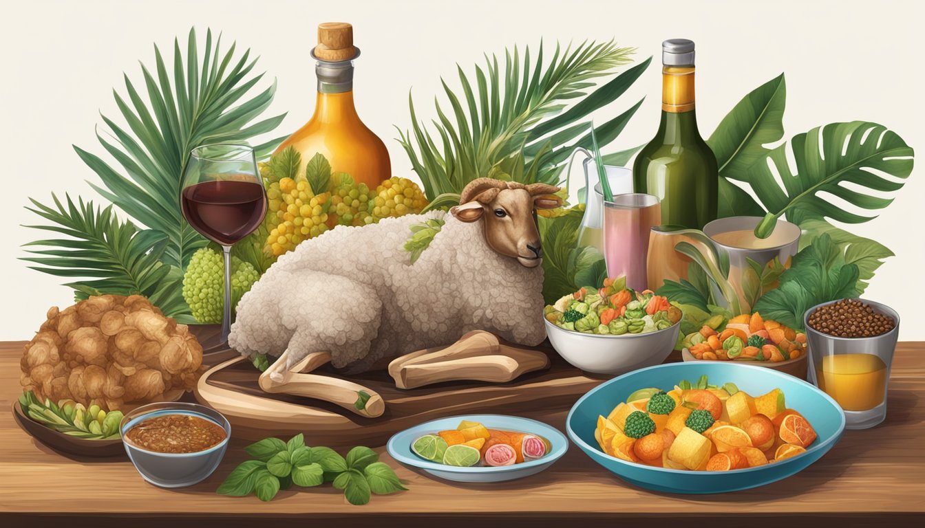 A table set with a whole lamb's head, surrounded by various exotic foods and drinks