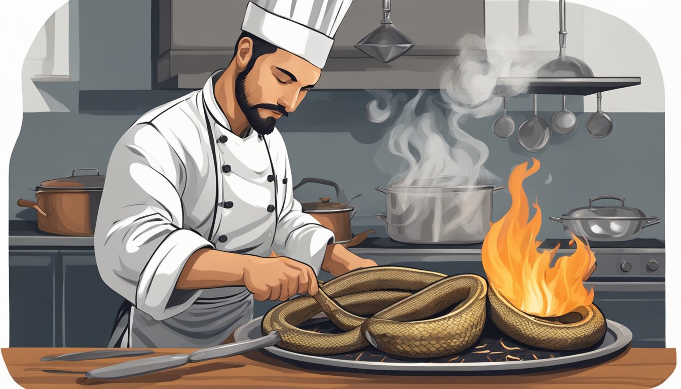 A chef skillfully prepares and cooks a rattlesnake over an open flame, using unique culinary techniques for a daring and adventurous meal