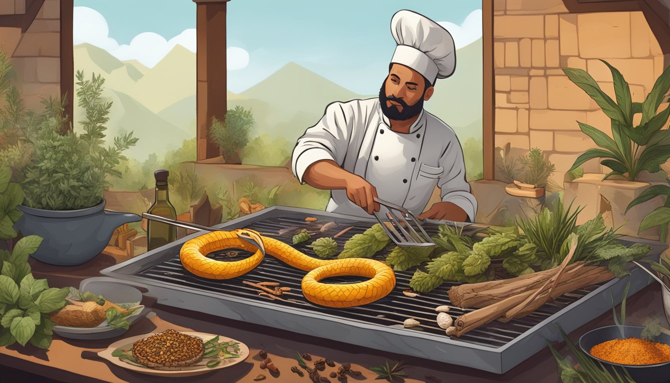 A chef grilling a rattlesnake over an open fire, surrounded by various exotic herbs and spices, with a platter of unusual ingredients nearby