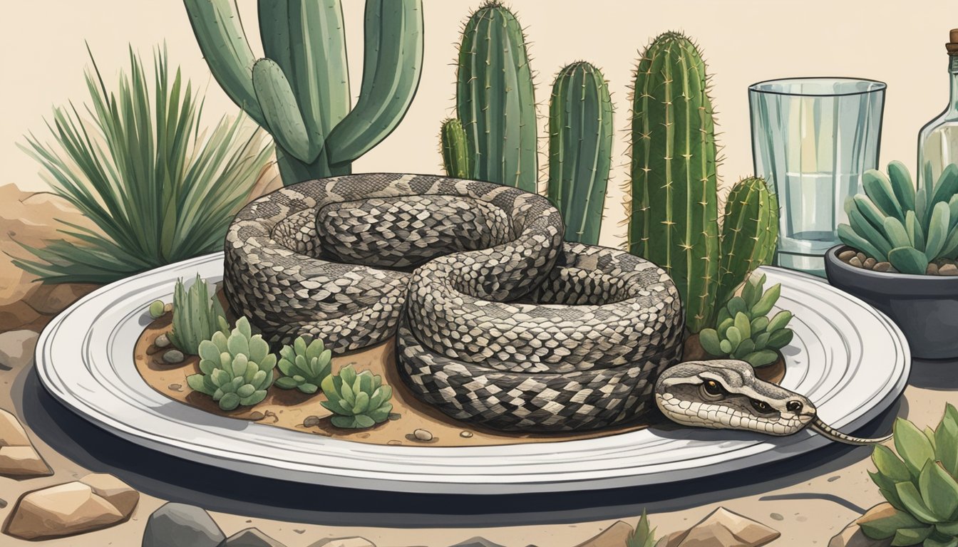 A rattlesnake coiled on a plate with a side of cactus salad, surrounded by desert plants and a bottle of tequila