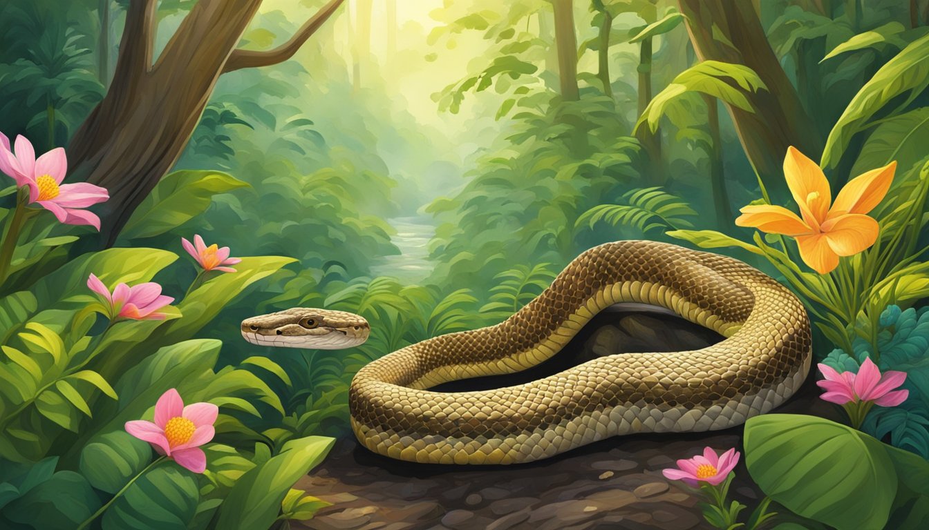 A rattlesnake slithers through a lush forest, surrounded by vibrant flora and fauna. The snake's scales glisten in the sunlight as it searches for its next meal