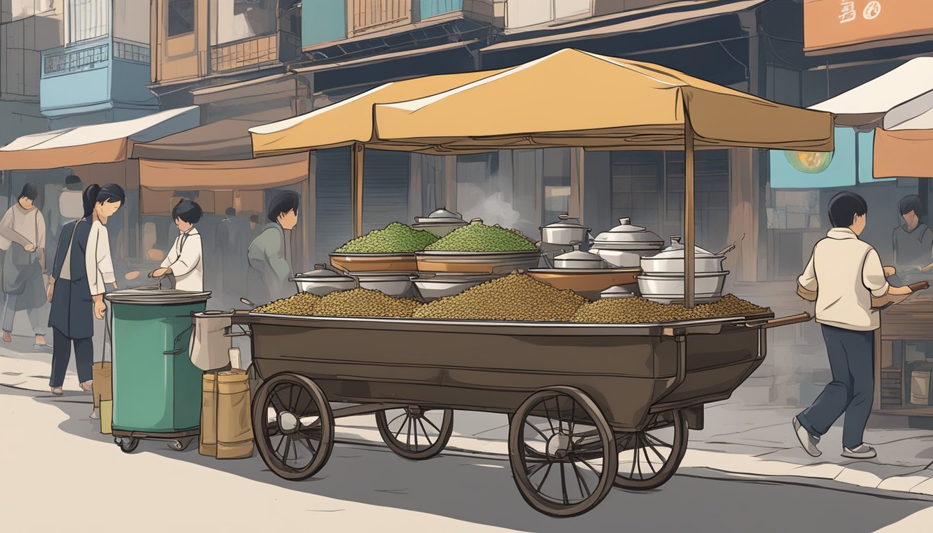 A steaming pot of beondegi sits on a street vendor's cart, with skewers of silkworm pupae bubbling in the savory broth