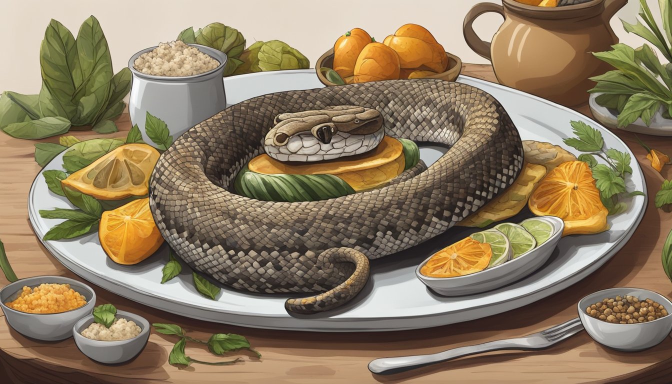 A rattlesnake coiled on a plate surrounded by exotic dishes and ingredients, ready to be prepared for a culinary adventure