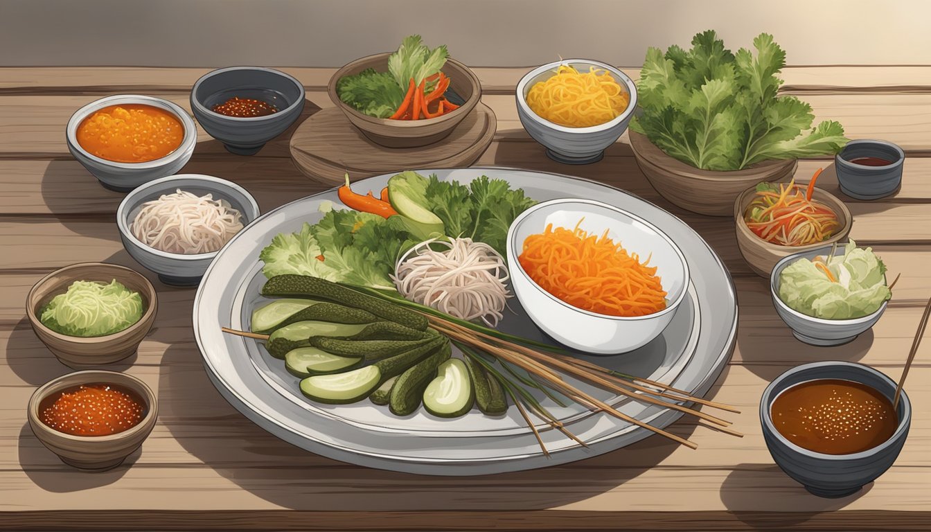 A plate of steamed beondegi sits on a rustic wooden table, surrounded by small bowls of spicy dipping sauce and pickled vegetables