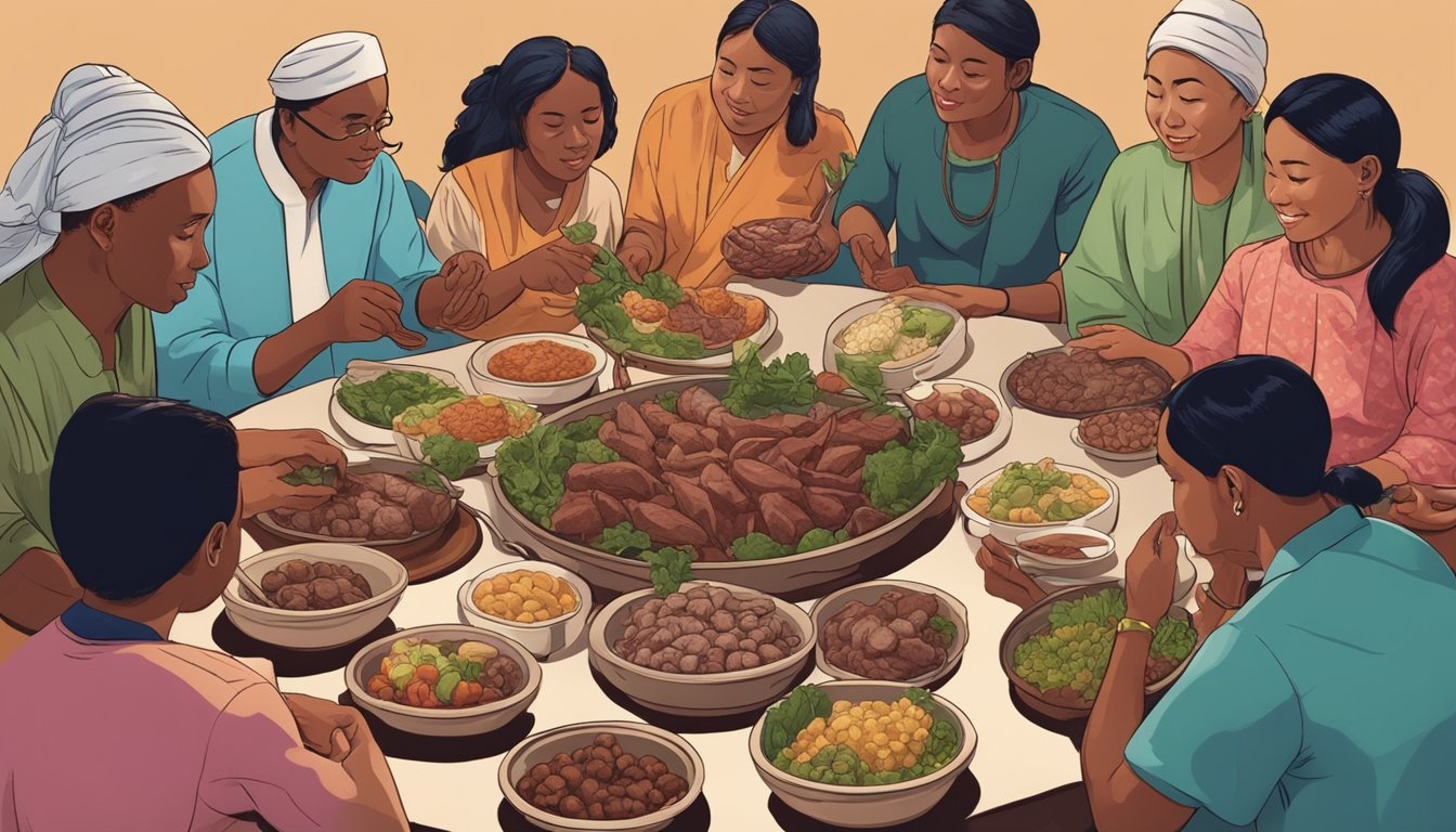 A group of people from different cultures gather around a table, each holding a dish of rat meat. They are discussing its nutritional value and cultural significance in their diets