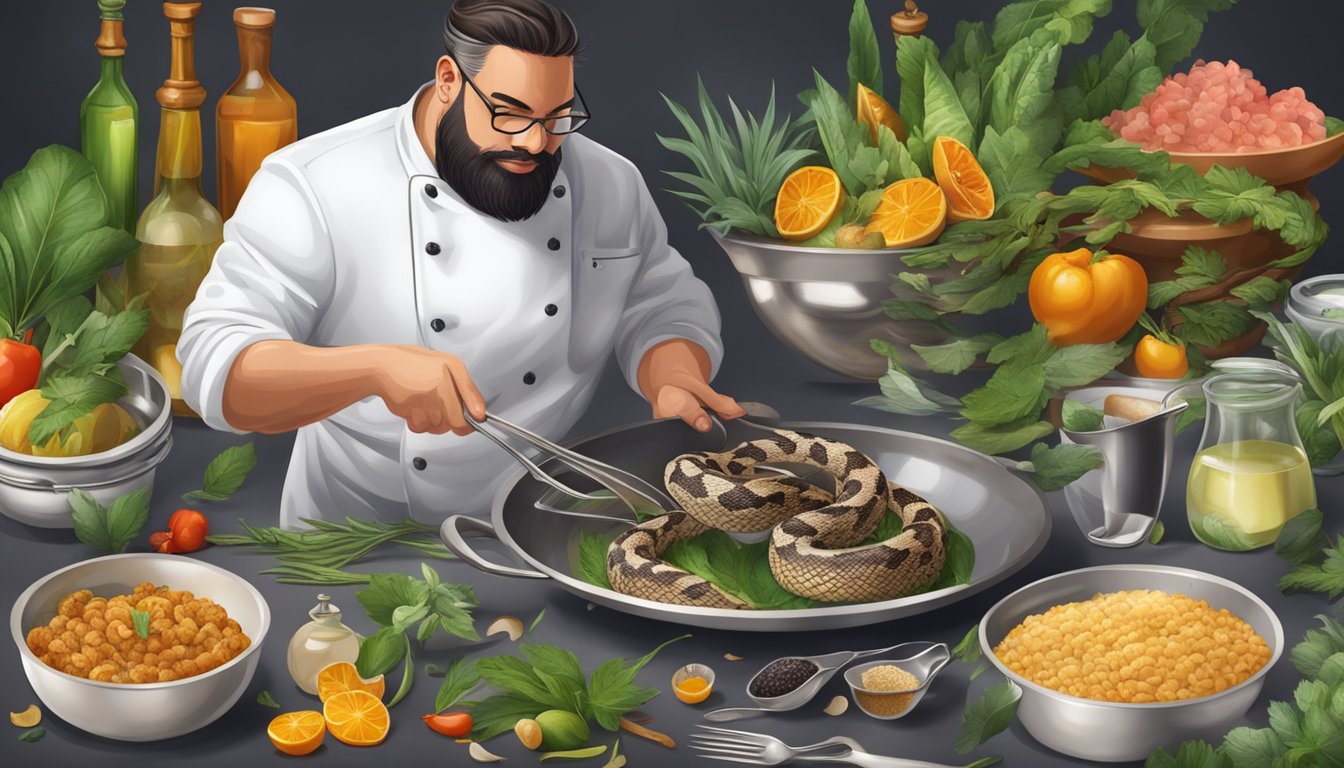 A professional chef skillfully prepares a rattlesnake dish, surrounded by exotic ingredients and cooking utensils