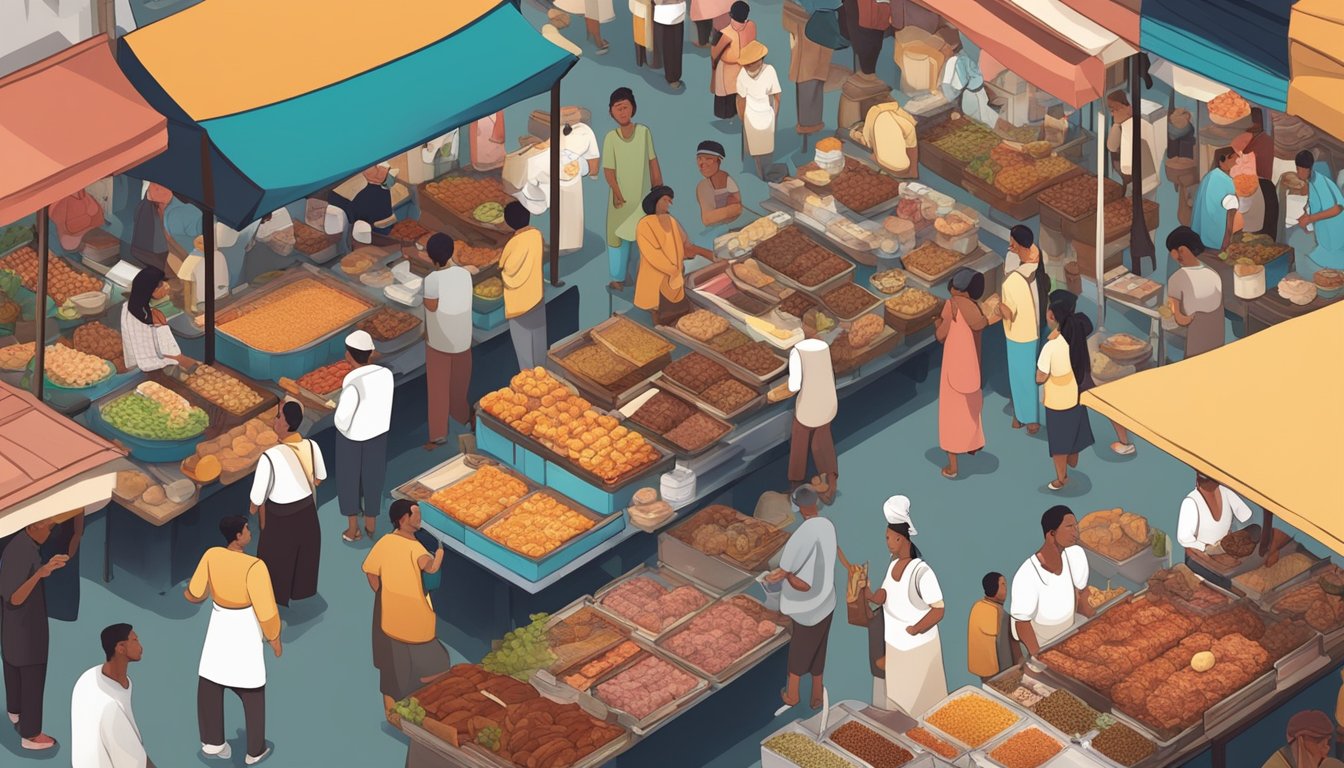 A bustling open-air market with vendors selling rat meat alongside other exotic foods. Customers from various cultural backgrounds sample and purchase the unique delicacy