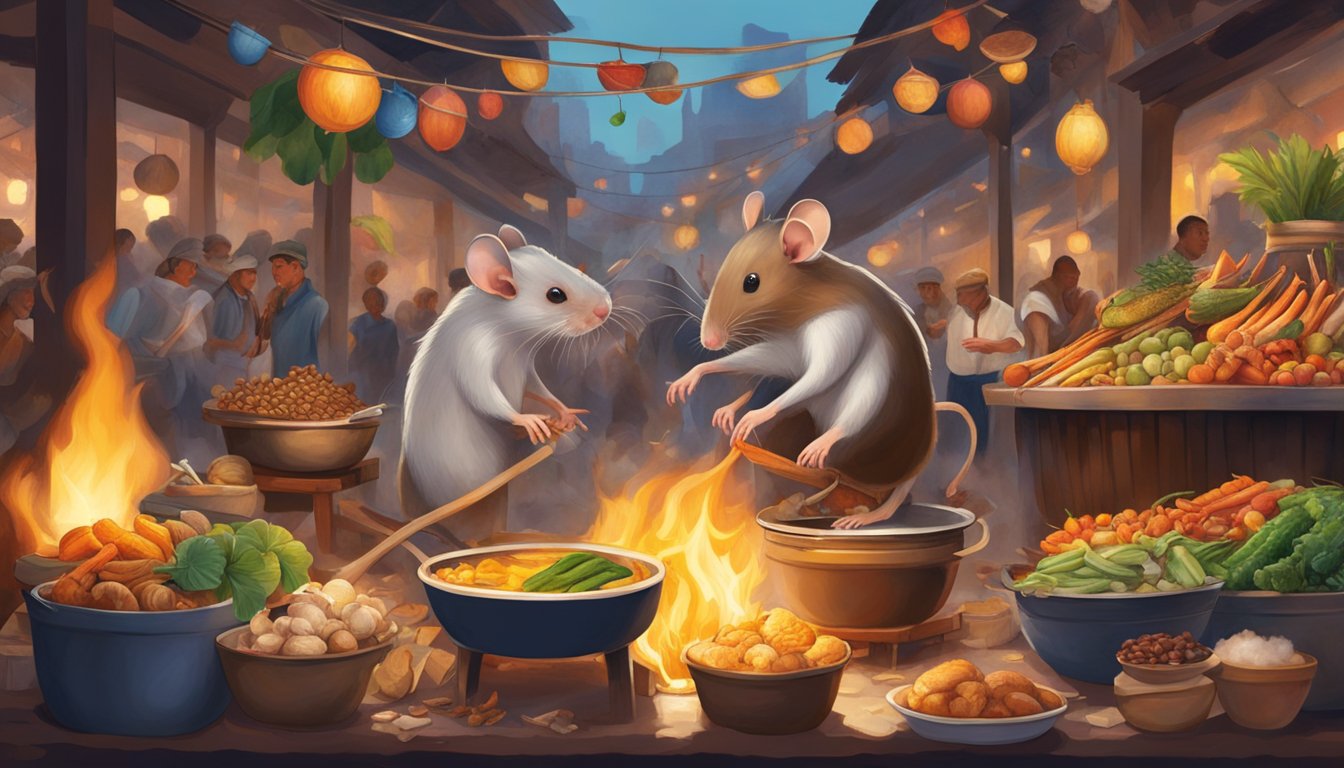 A rat being cooked over an open fire in a bustling marketplace, surrounded by a variety of colorful and exotic foods from different cultures