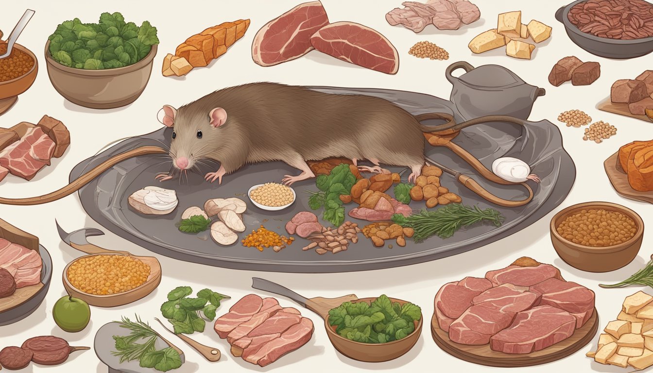 A rat carcass surrounded by various cuts of meat and protein sources from around the world, highlighting the cultural significance of rat meat in diverse diets