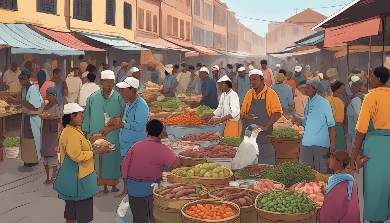 A bustling street market with vendors selling various cuts of rat meat, surrounded by people from different cultures sampling and discussing its culinary uses