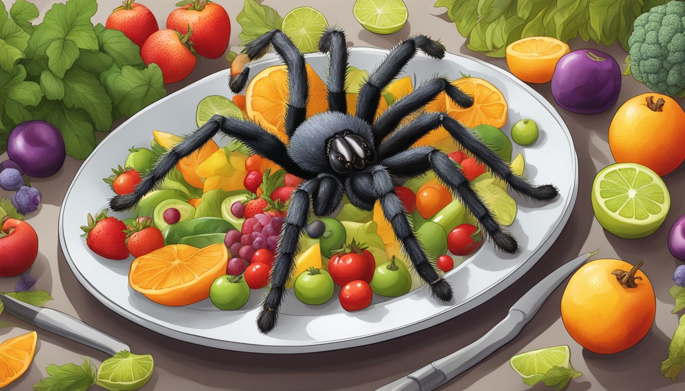 A plate of crispy tarantulas surrounded by colorful fruits and vegetables