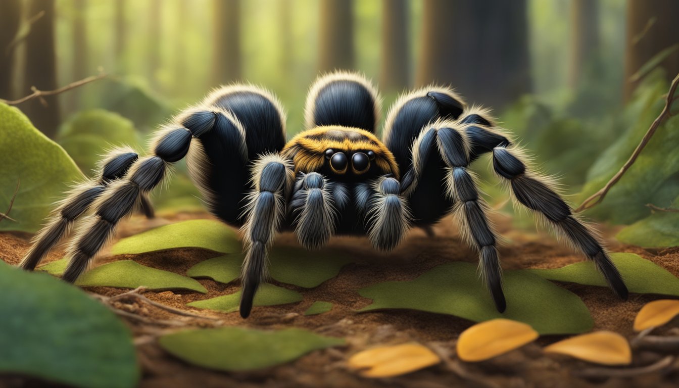 A tarantula perched on a leaf-covered forest floor, its hairy legs spread out in a defensive stance, ready to be plucked and turned into a crispy snack