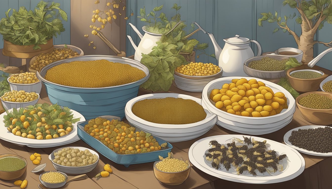 Bee larvae being harvested from a hive, with a variety of sweet and savory dishes displayed on a table