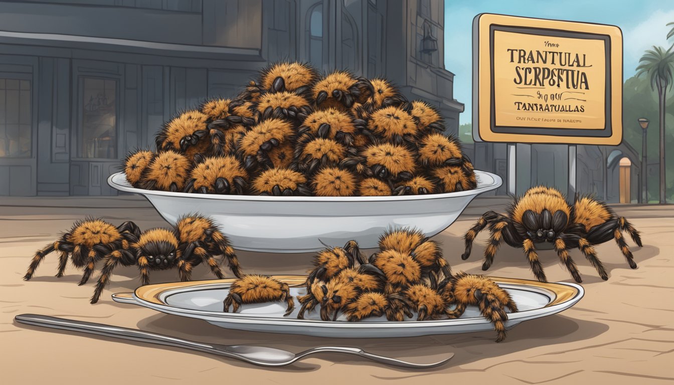 A plate of crispy tarantulas displayed next to a sign promoting their cultural significance and appeal to tourists