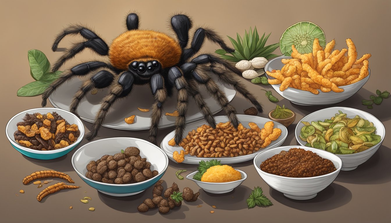 A plate of crispy tarantulas displayed next to other exotic foods from around the world