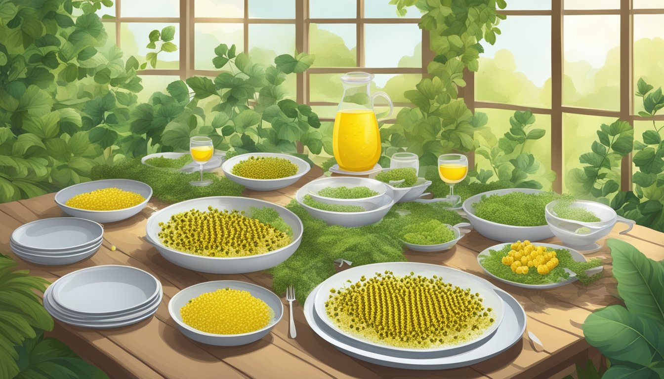 A table set with bee larvae dishes, surrounded by buzzing hives and lush greenery