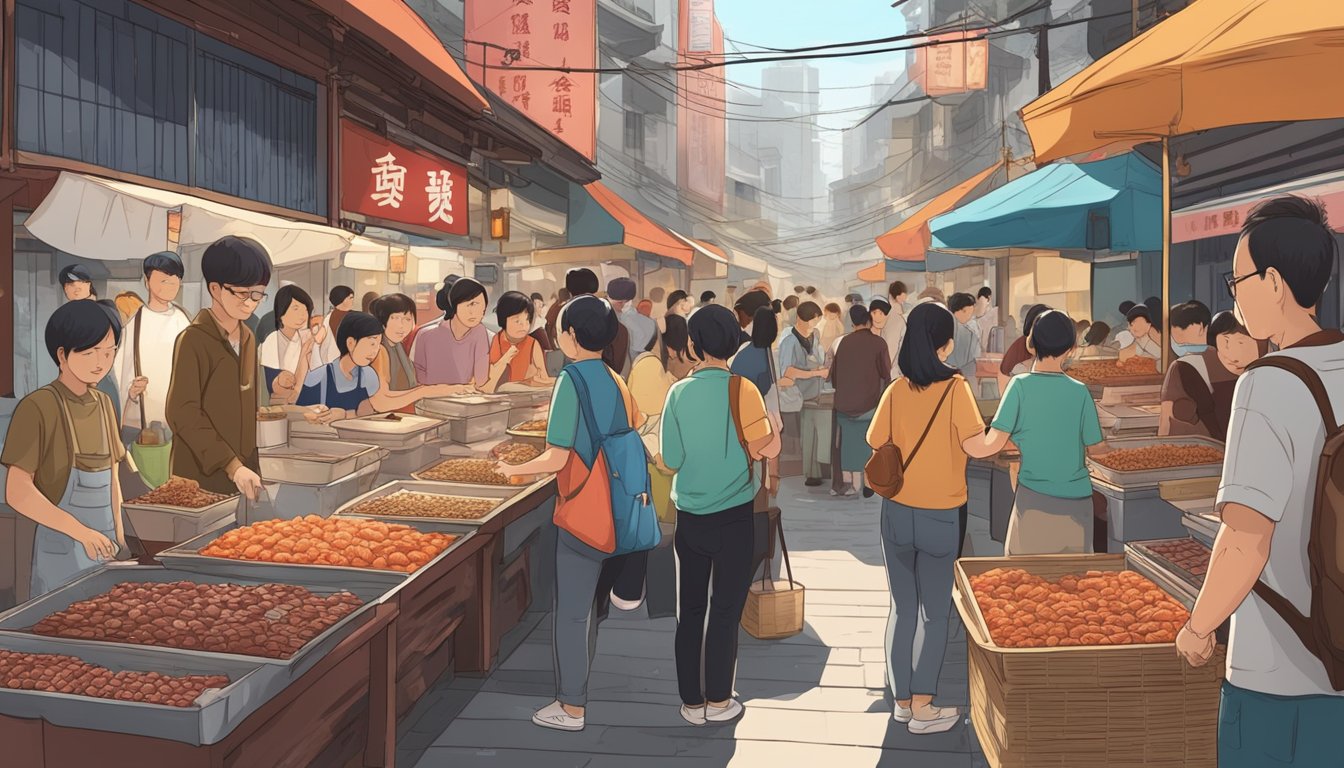 A bustling Taiwanese street market with vendors selling pigs blood cake, a popular and unique delicacy. Customers line up to try the savory snack