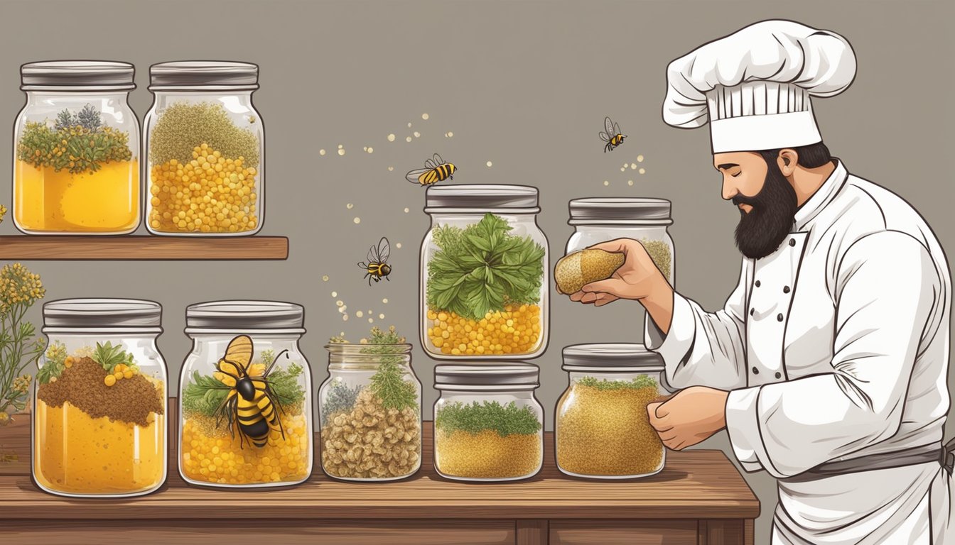 A chef carefully sprinkles bee larvae with spices, surrounded by jars of honey and herbs