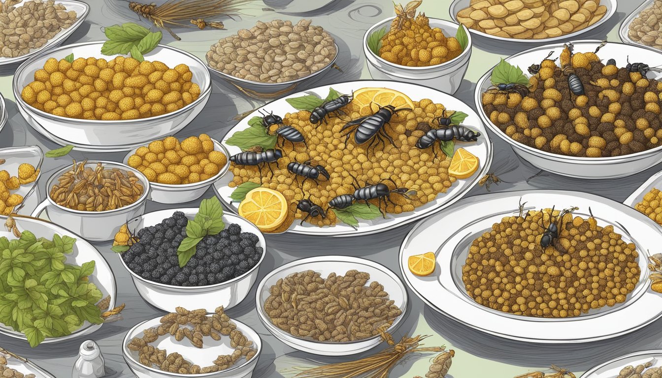 A table set with a variety of insect delicacies, including bee larvae in sweet and savory dishes, surrounded by buzzing hives