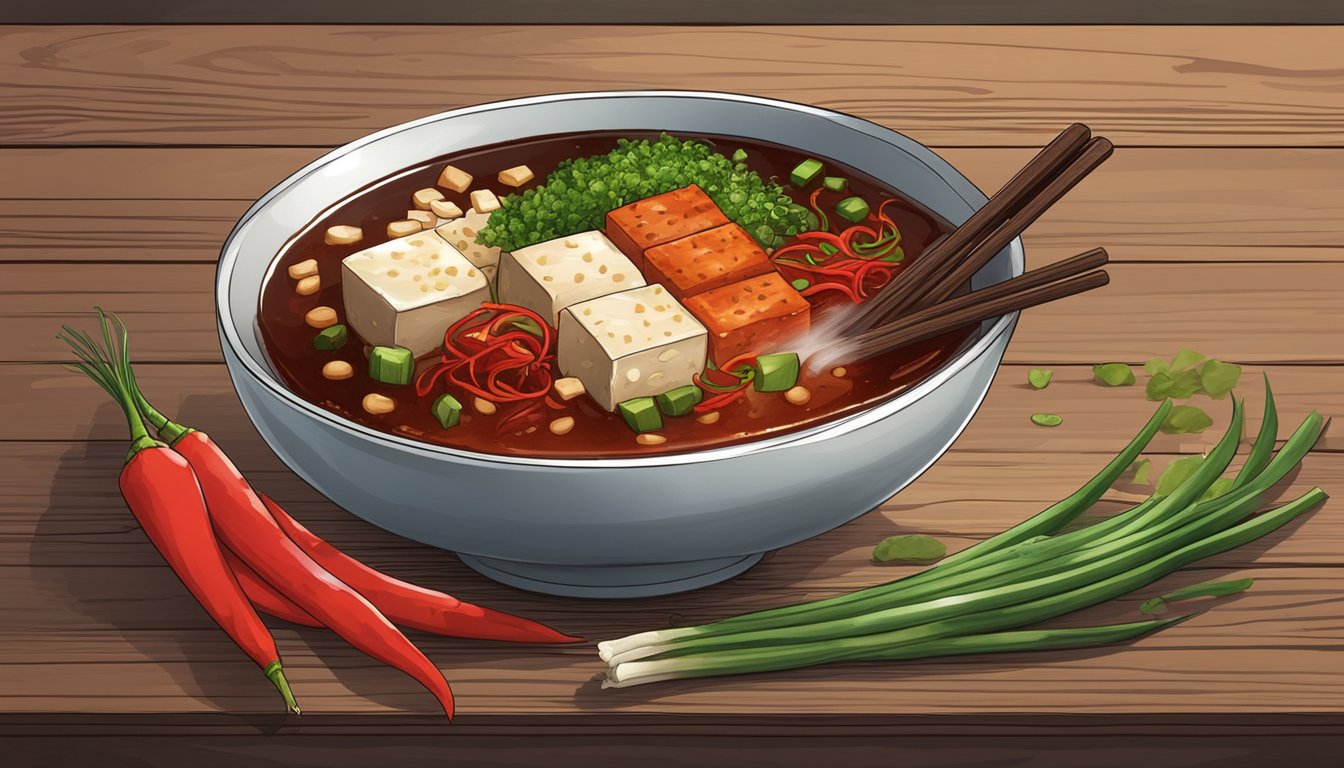 A bowl of blood tofu surrounded by ingredients like soy sauce, scallions, and chili flakes on a rustic wooden table