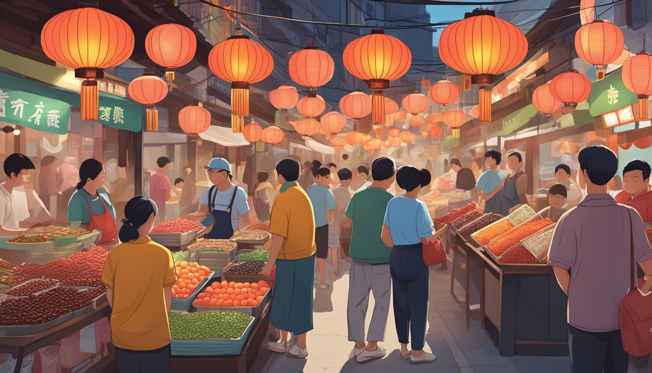 A bustling Taiwanese street market with vendors selling pigs blood cake, surrounded by colorful lanterns and eager customers