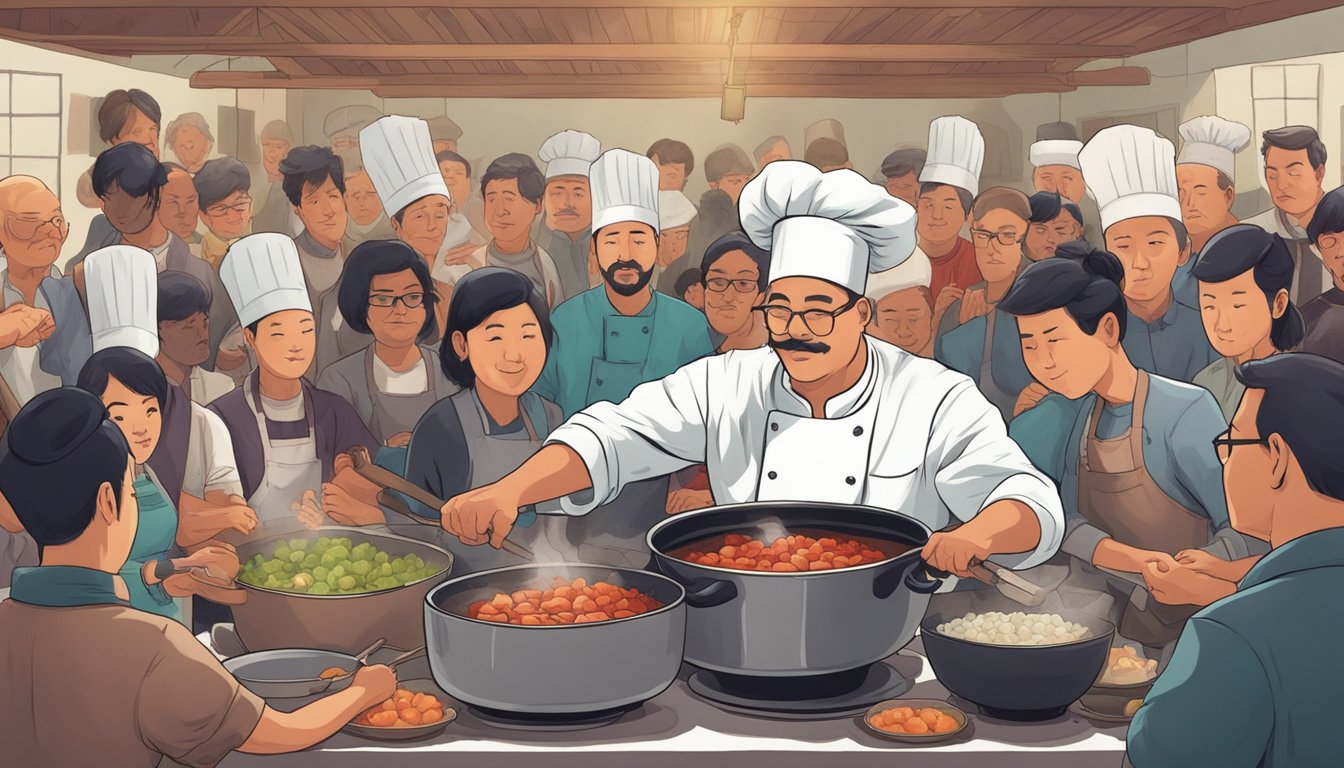 A chef stirring a pot of blood tofu surrounded by curious onlookers