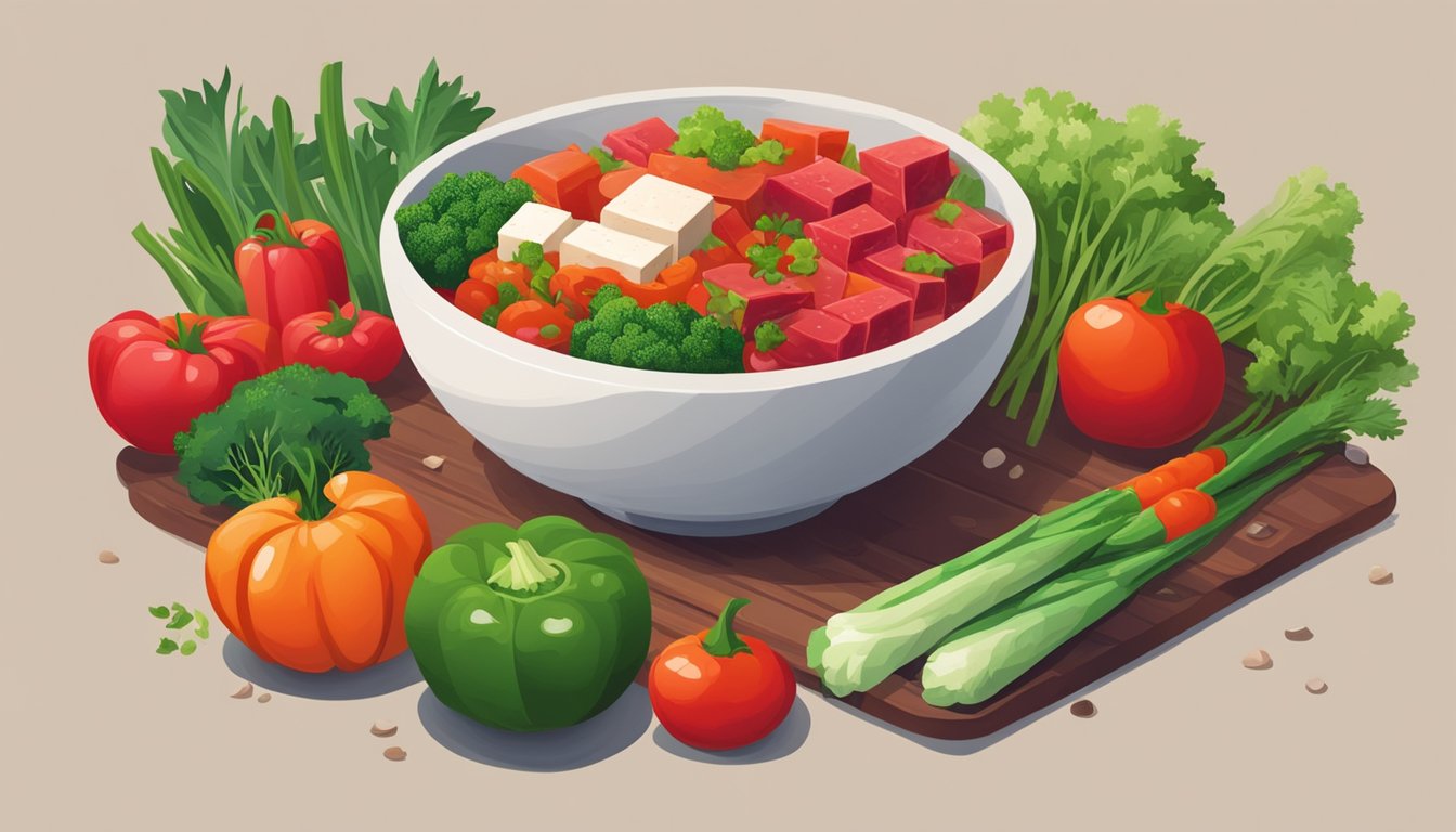 A bowl of blood tofu surrounded by vibrant red and green vegetables on a rustic wooden table