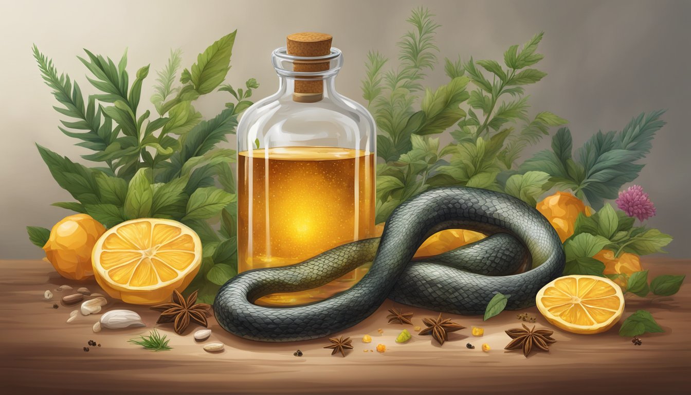 A glass bottle filled with a coiled cobra, submerged in amber liquid, surrounded by herbs and spices