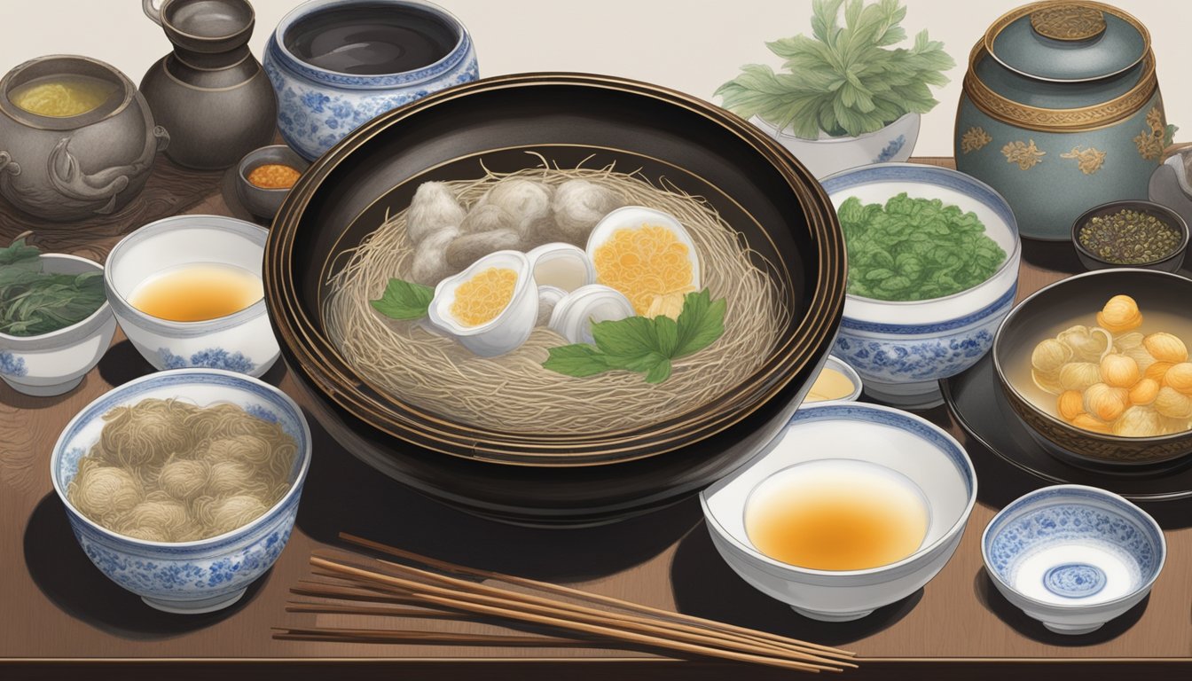 A steaming bowl of bird's nest soup sits on a lacquered table, surrounded by delicate porcelain dishes filled with rare and exotic ingredients