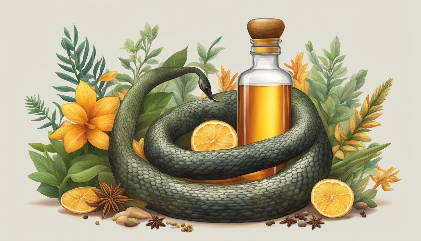 A glass bottle filled with a coiled cobra, submerged in amber liquid, surrounded by exotic herbs and spices