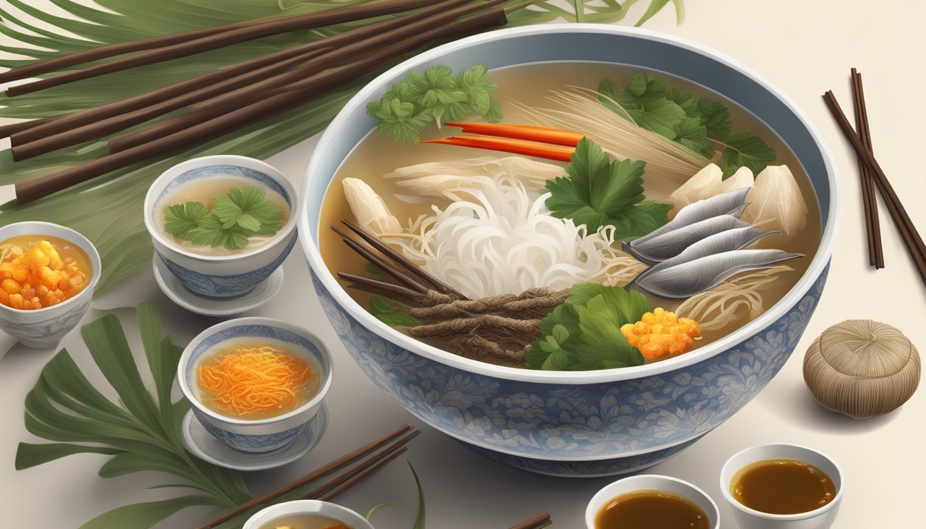 A steaming bowl of birds nest soup surrounded by exotic ingredients and traditional Chinese decor