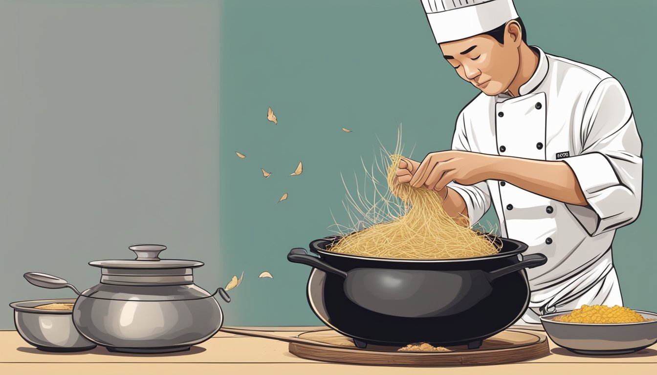 A chef carefully plucks a delicate bird's nest from a steaming pot, unveiling the secrets of the prized Chinese delicacy