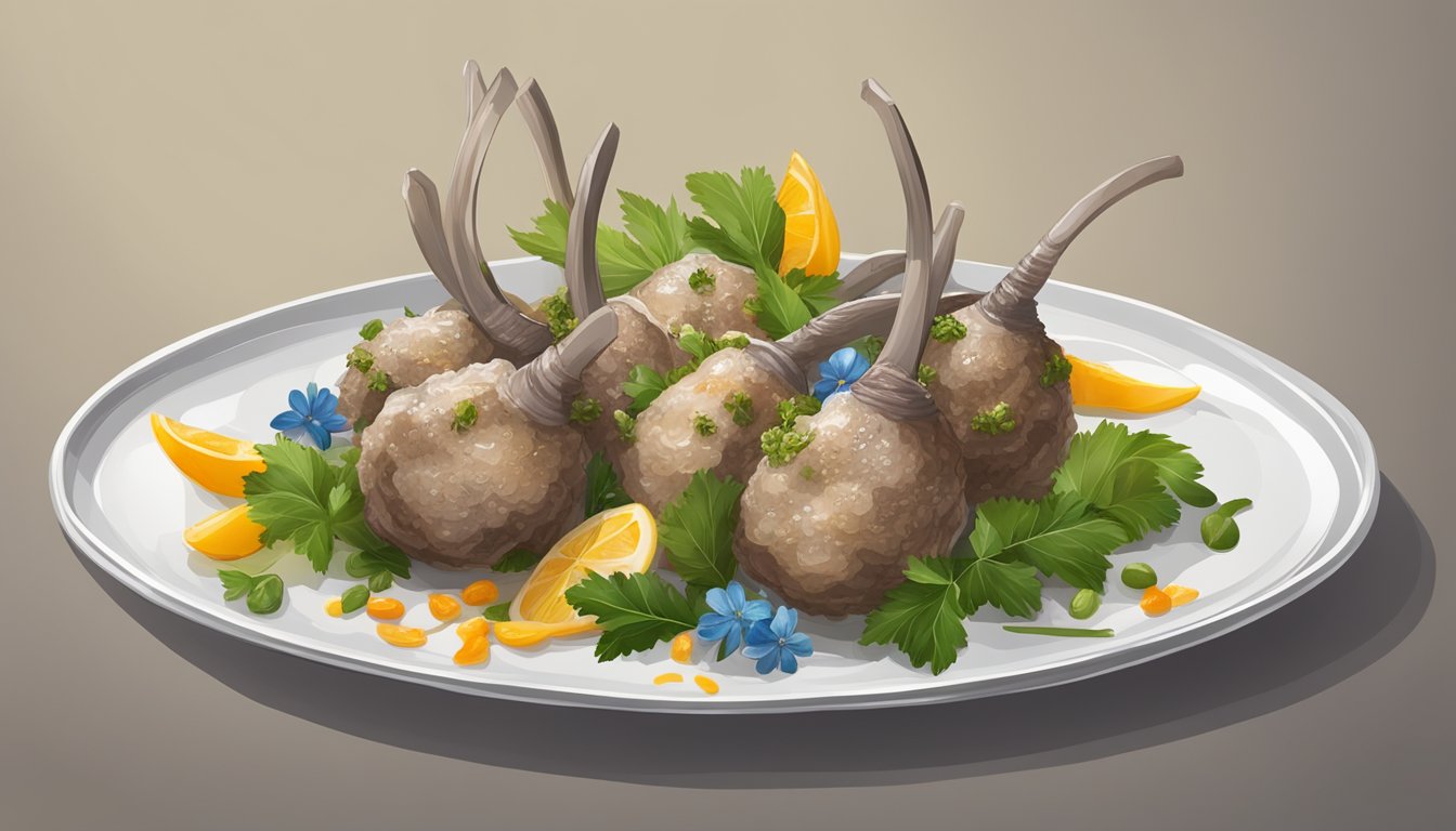 A platter of lamb testicles served with exotic garnishes and unique presentation